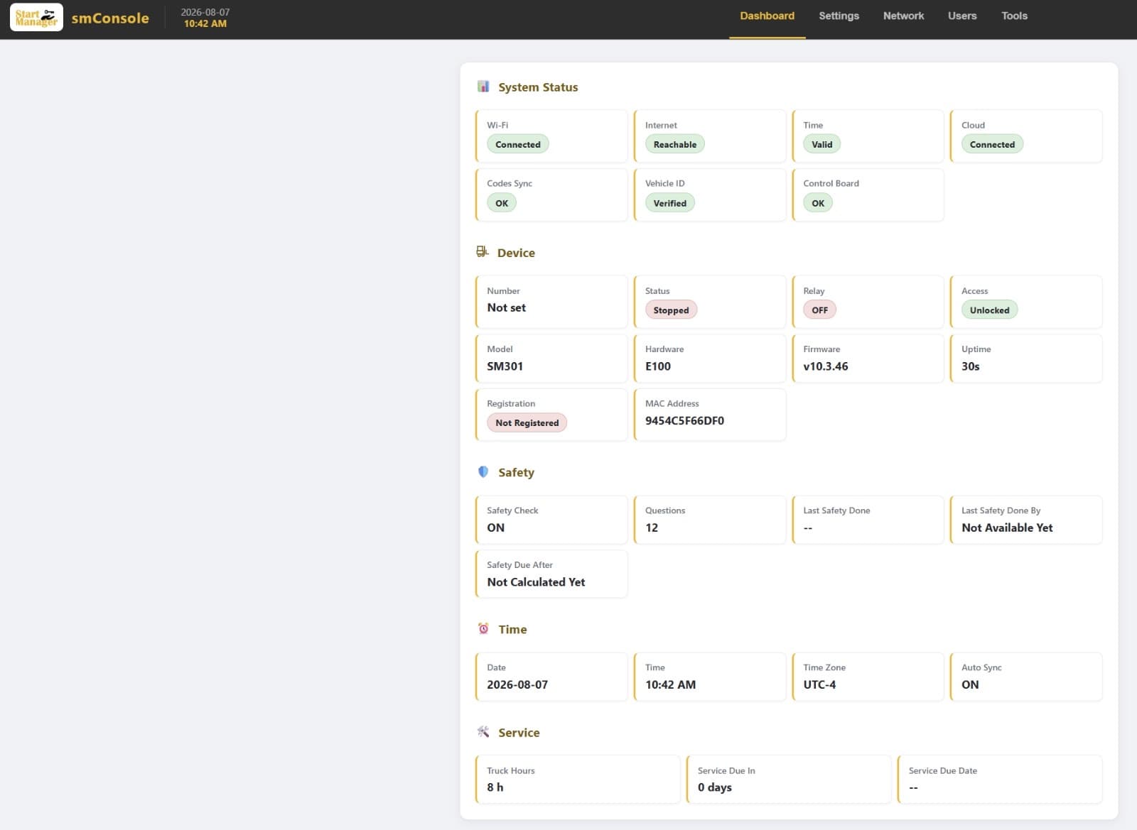 The smConsole dashboard, showing system status, device details, safety settings and service intervals for one SM301