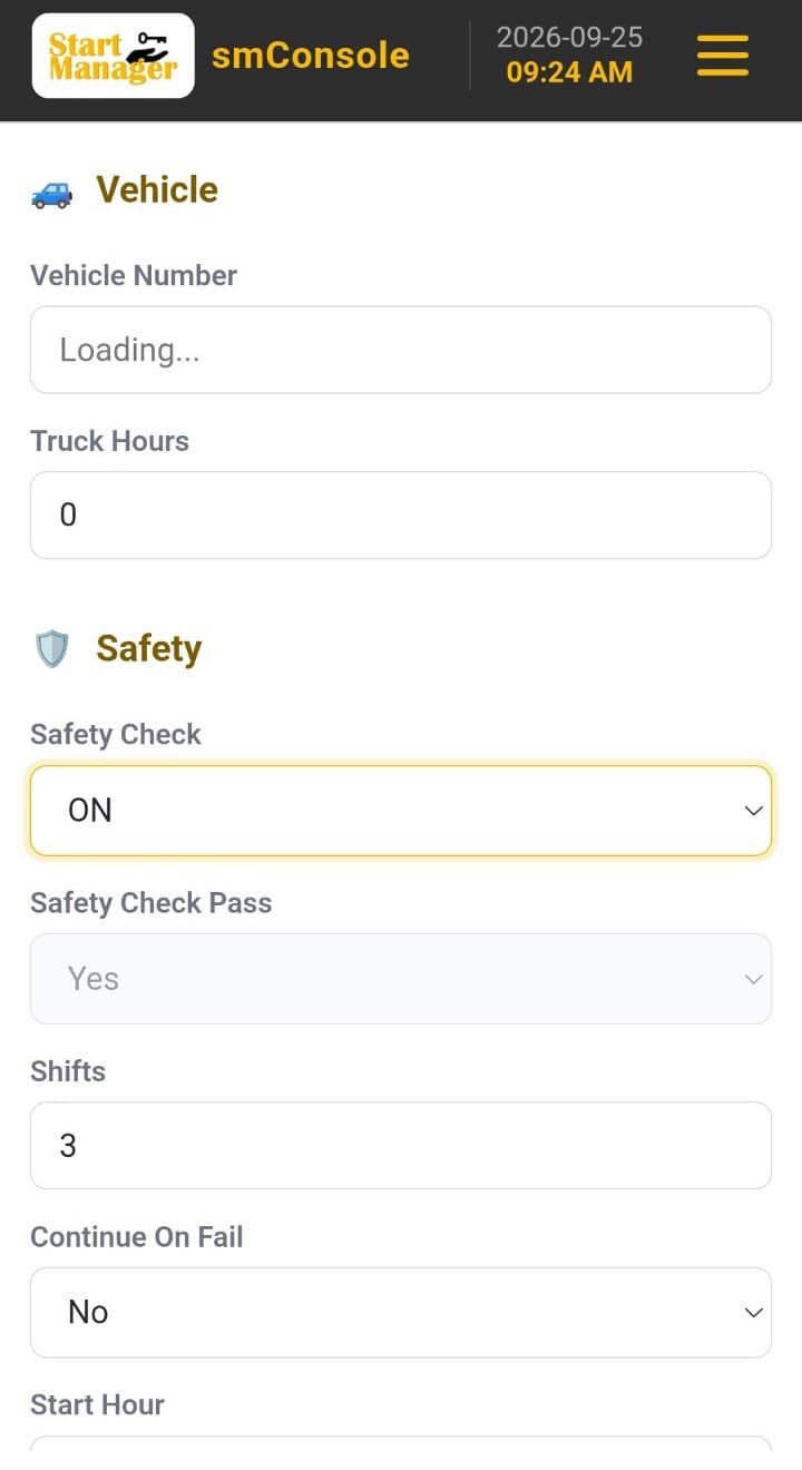 smConsole on a phone, setting the vehicle number, truck hours and daily safety check options