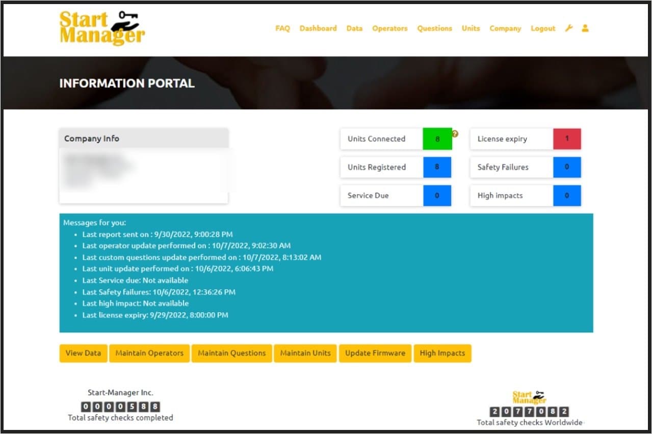 The smPortal information portal, showing units connected and registered, licence expiry, safety failures and recent activity