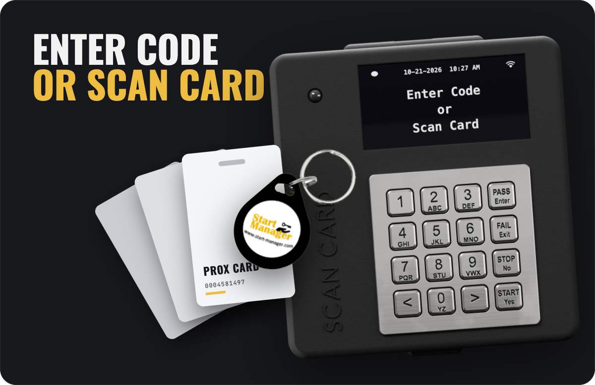 Start-Manager SM301 with proximity cards and a key fob: enter a code or scan a card